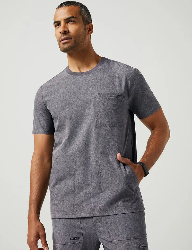 Jaanuu Scrubs Men's 4 Pocket Crew Neck Top Heathered Grey | scrub-supply.com