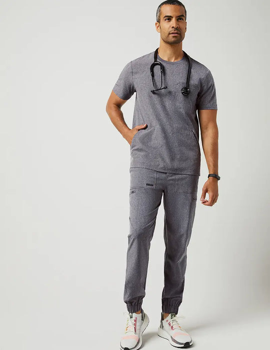 Jaanuu Scrubs Men's 4 Pocket Crew Neck Top Heathered Grey | scrub-supply.com