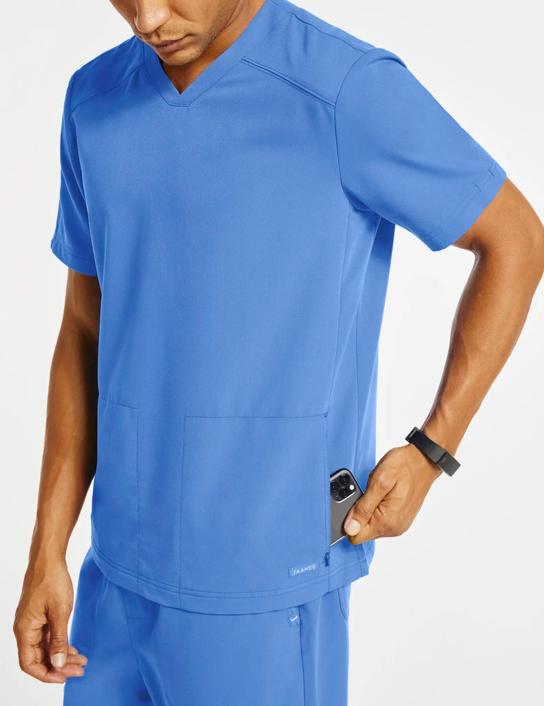 Jaanuu Scrubs Men's 2-Pocket Shaped V-Neck Scrub Top Ceil Blue | scrub-supply.com