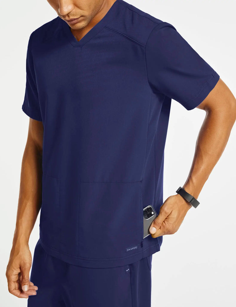 Jaanuu Scrubs Men's 2-Pocket Shaped V-Neck Scrub Top Navy | scrub-supply.com