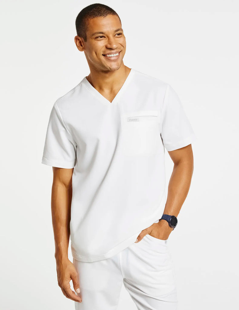 Jaanuu Scrubs Men's 4-Pocket V-Neck Scrub Top White | scrub-supply.com