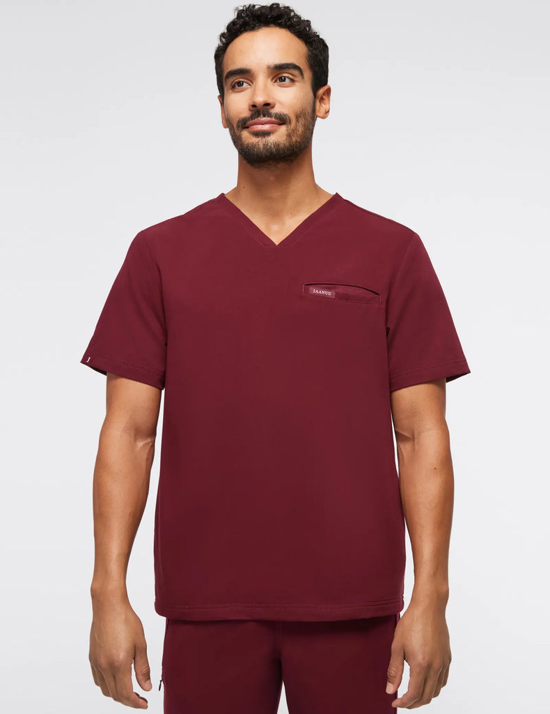 Jaanuu Scrubs Men's 4-Pocket V-Neck Scrub Top Wine | scrub-supply.com