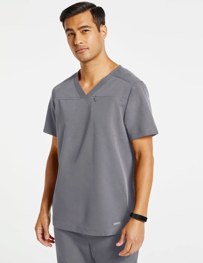 Jaanuu Scrubs Men's Hidden-Pocket Scrub Top Gray | scrub-supply.com