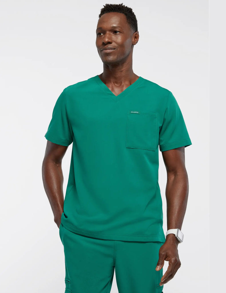 Jaanuu Scrubs Men's 2-Pocket V-Neck Top Hunter Green | scrub-supply.com