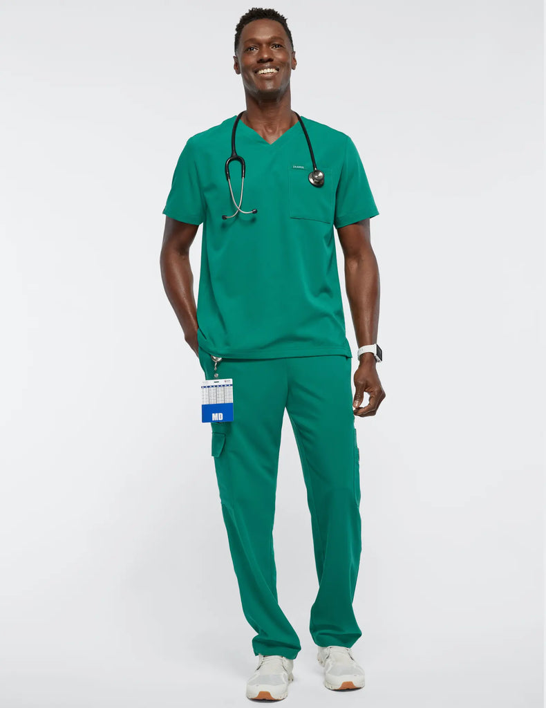 Jaanuu Scrubs Men's 2-Pocket V-Neck Top Hunter Green | scrub-supply.com