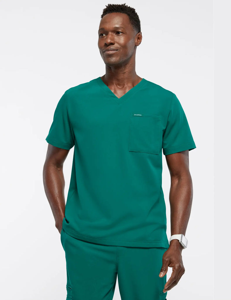 Jaanuu Scrubs Men's 2-Pocket V-Neck Top Hunter Green | scrub-supply.com