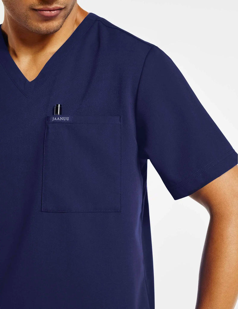 Jaanuu Scrubs Men's 2-Pocket V-Neck Top Navy | scrub-supply.com