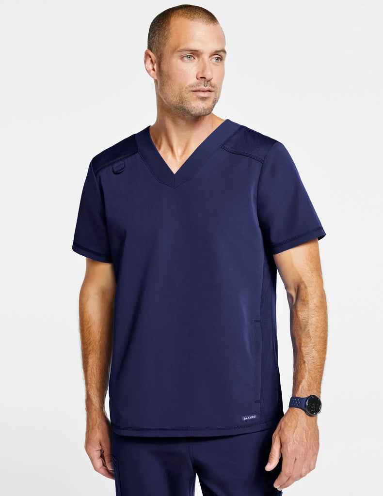 Jaanuu Scrubs Men's Paneled-Mesh V-Neck Scrub Top Navy | scrub-supply.com