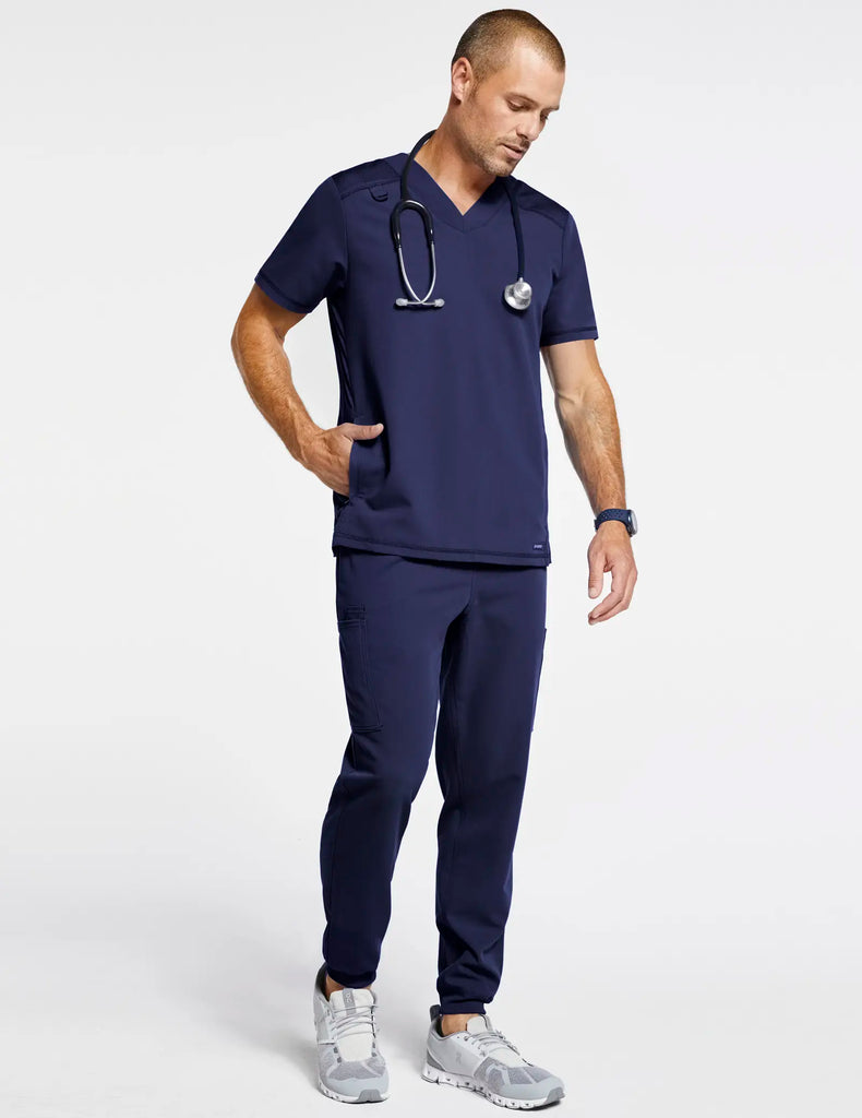 Jaanuu Scrubs Men's Paneled-Mesh V-Neck Scrub Top Navy | scrub-supply.com