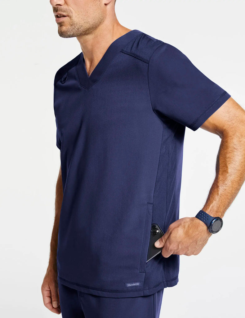 Jaanuu Scrubs Men's Paneled-Mesh V-Neck Scrub Top Navy | scrub-supply.com