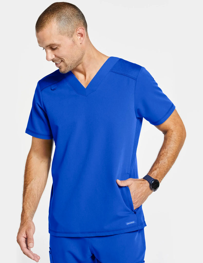 Jaanuu Scrubs Men's Paneled-Mesh V-Neck Scrub Top Royal Blue | scrub-supply.com