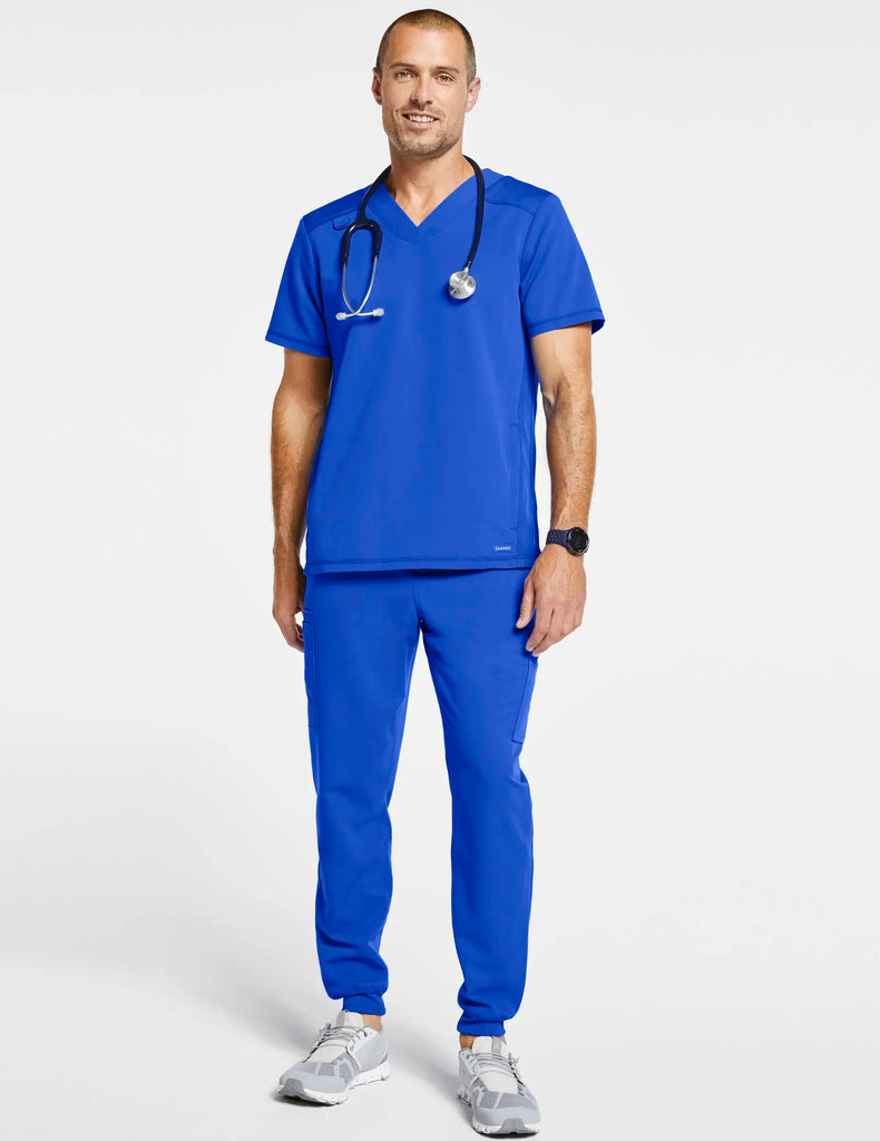 Jaanuu Scrubs Men's Paneled-Mesh V-Neck Scrub Top Royal Blue | scrub-supply.com