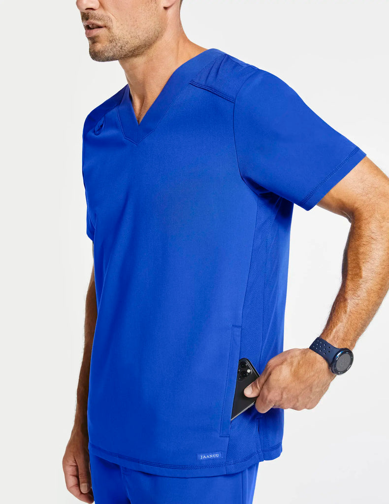 Jaanuu Scrubs Men's Paneled-Mesh V-Neck Scrub Top Royal Blue | scrub-supply.com