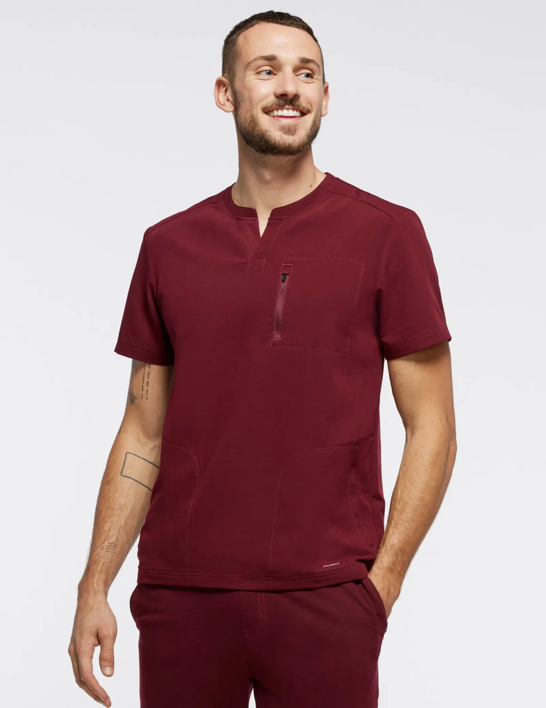 Jaanuu Scrubs Men's 3-Pocket Crewneck Scrub Top Wine | scrub-supply.com