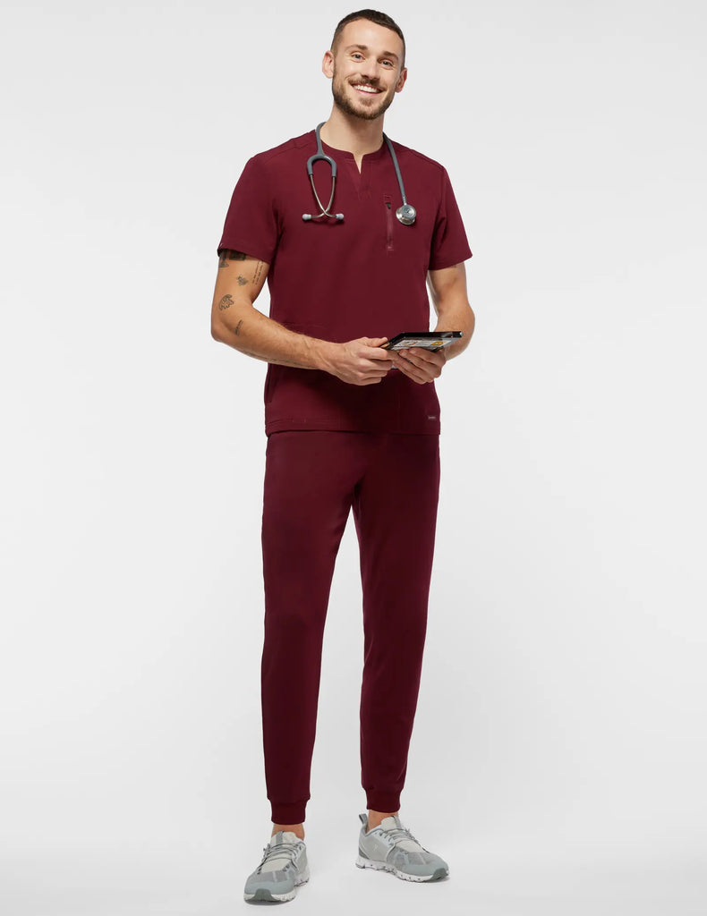 Jaanuu Scrubs Men's 3-Pocket Crewneck Scrub Top Wine | scrub-supply.com