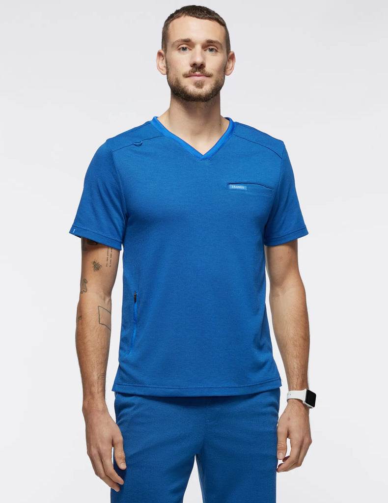 Jaanuu Scrubs Men's Evolve Side-Zip Scrub Top Heather Royal Blue | scrub-supply.com