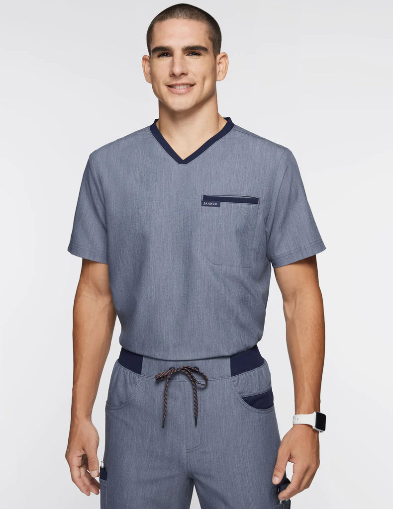 Jaanuu Scrubs Men's 2-Pocket Tuck-In Scrub Top Heather Navy | scrub-supply.com