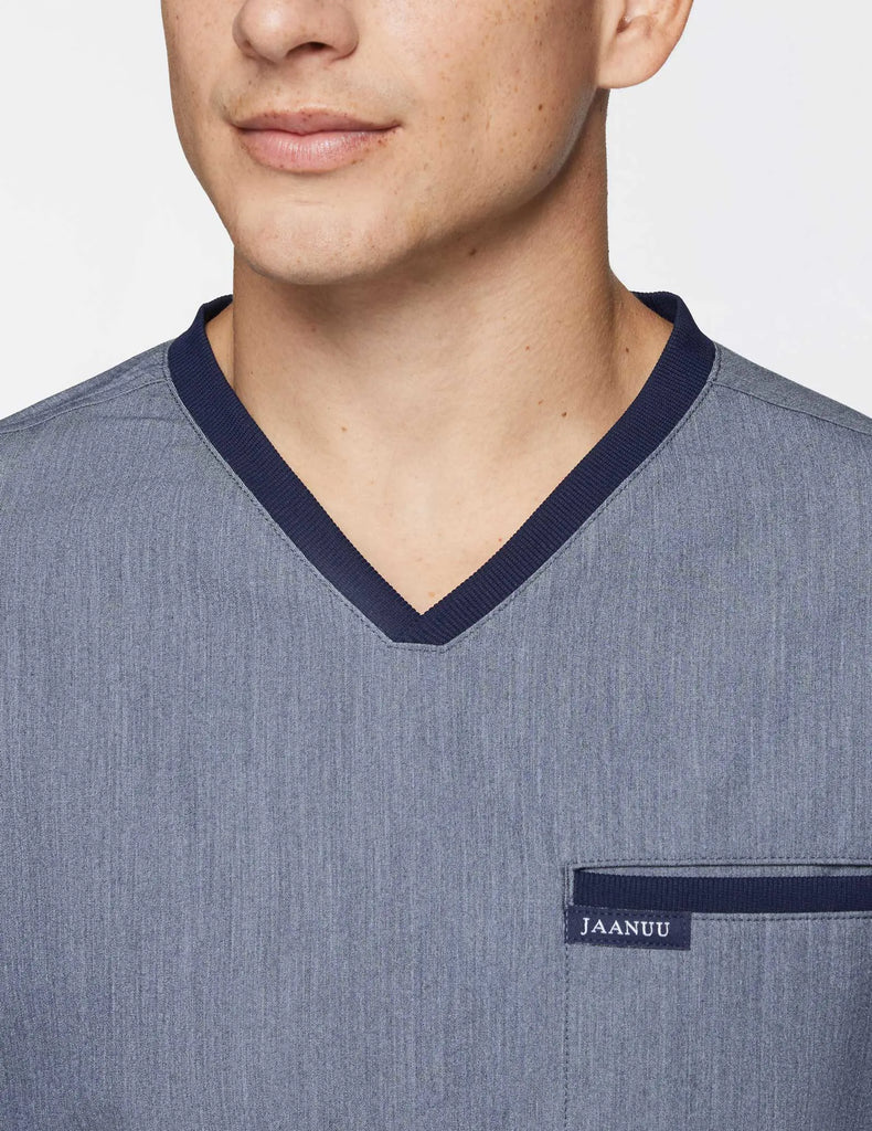 Jaanuu Scrubs Men's 2-Pocket Tuck-In Scrub Top Heather Navy | scrub-supply.com