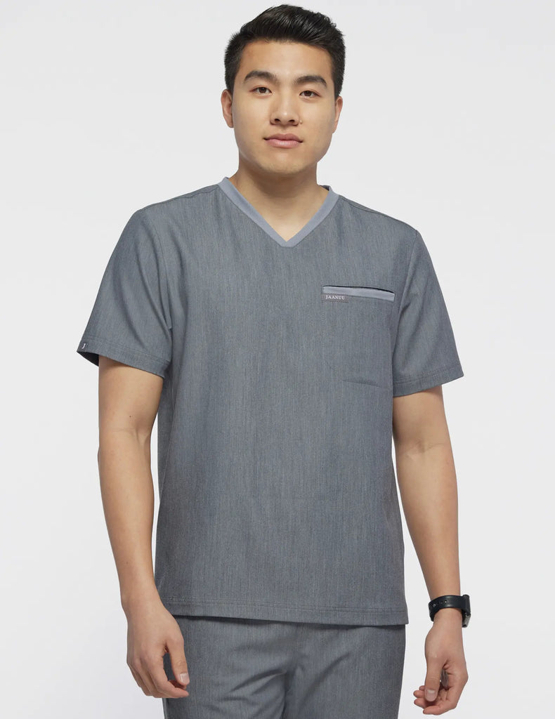 Jaanuu Scrubs Men's 2-Pocket Tuck-In Scrub Top Heather Gray | scrub-supply.com