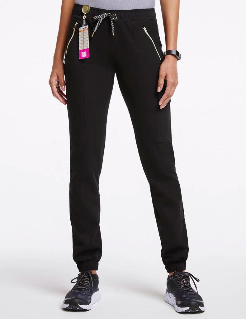 Jaanuu Scrubs Women's Essential Gold Zip Jogger Black | scrub-supply.com