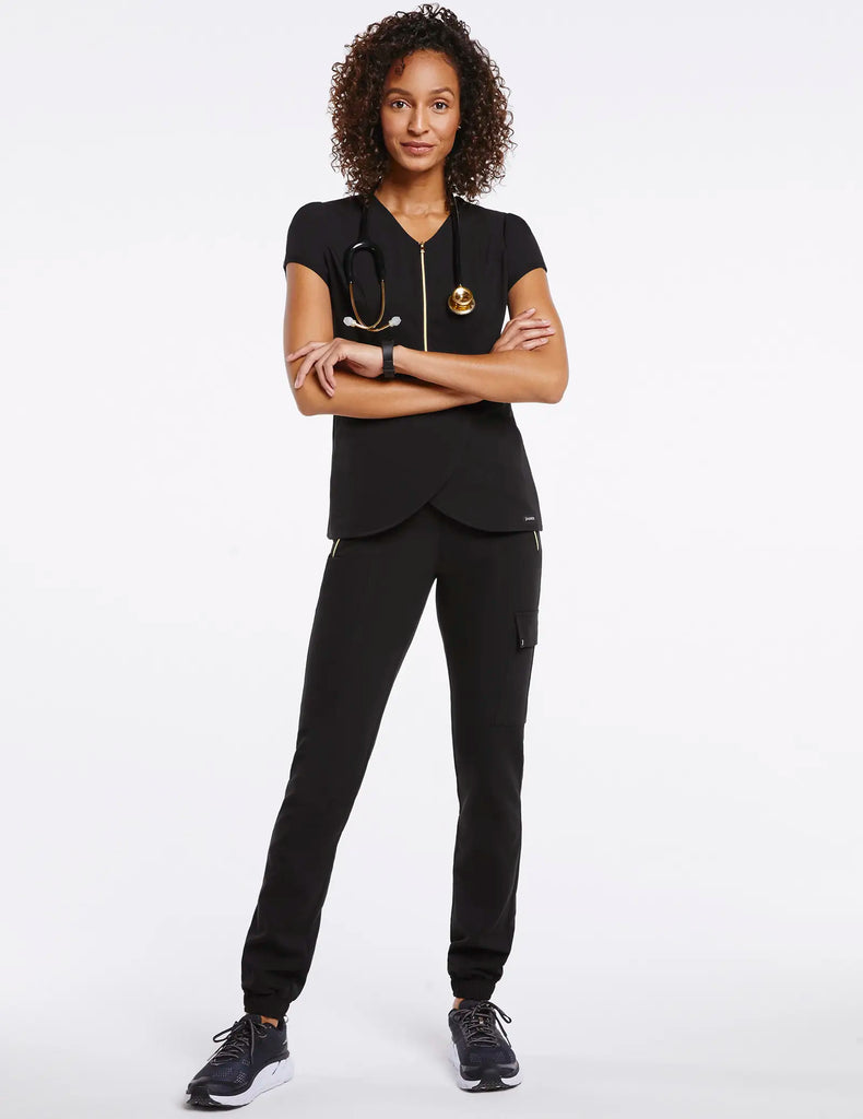 Jaanuu Scrubs Women's Essential Gold Zip Jogger Black | scrub-supply.com