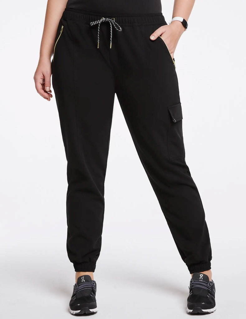 Jaanuu Scrubs Women's Essential Gold Zip Jogger Black | scrub-supply.com