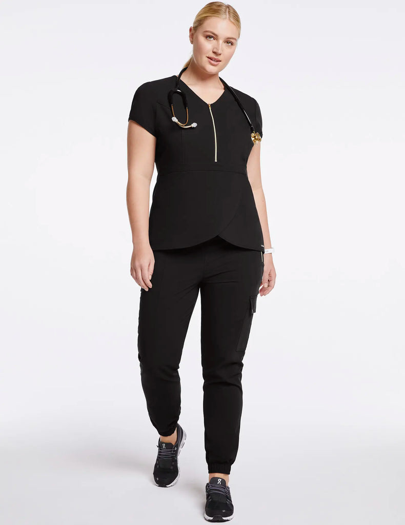 Jaanuu Scrubs Women's Essential Gold Zip Jogger Black | scrub-supply.com