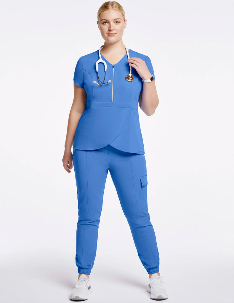 Jaanuu Scrubs Women's Essential Gold Zip Jogger Ceil Blue | scrub-supply.com