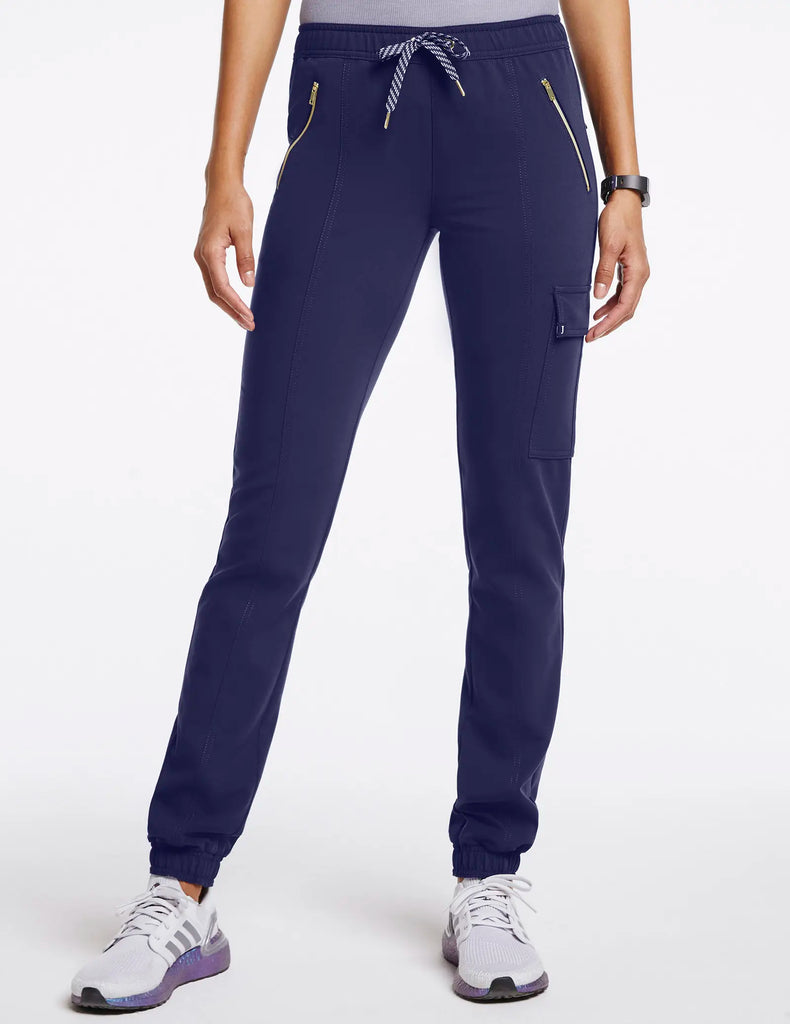 Jaanuu Scrubs Women's Essential Gold Zip Jogger Navy | scrub-supply.com