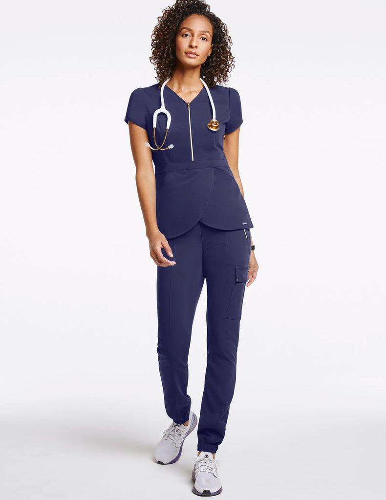 Jaanuu Scrubs Women's Essential Gold Zip Jogger Navy | scrub-supply.com