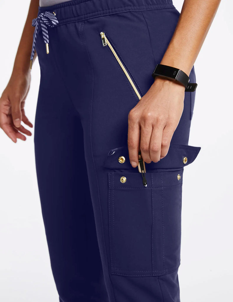 Jaanuu Scrubs Women's Essential Gold Zip Jogger Navy | scrub-supply.com