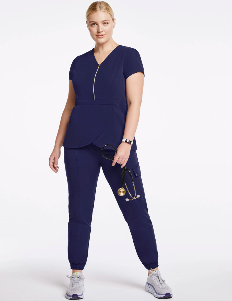 Jaanuu Scrubs Women's Essential Gold Zip Jogger Navy | scrub-supply.com