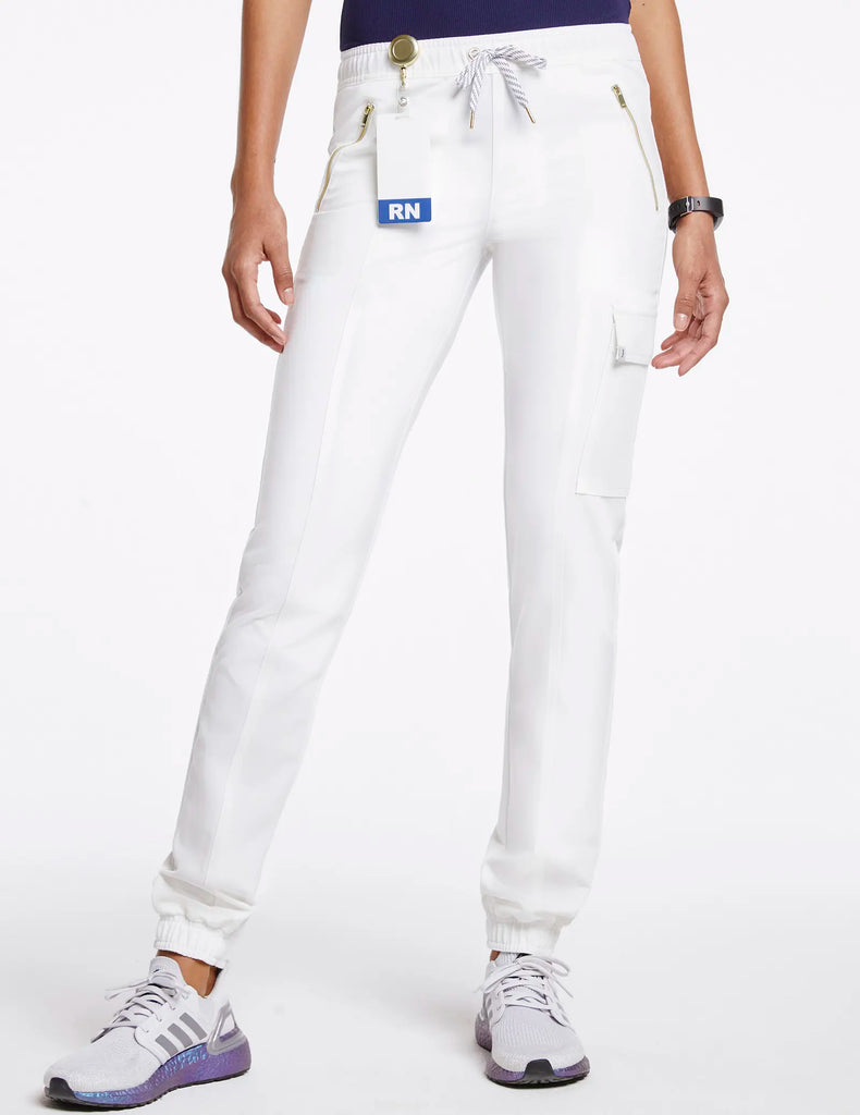 Jaanuu Scrubs Women's Essential Gold Zip Jogger White | scrub-supply.com