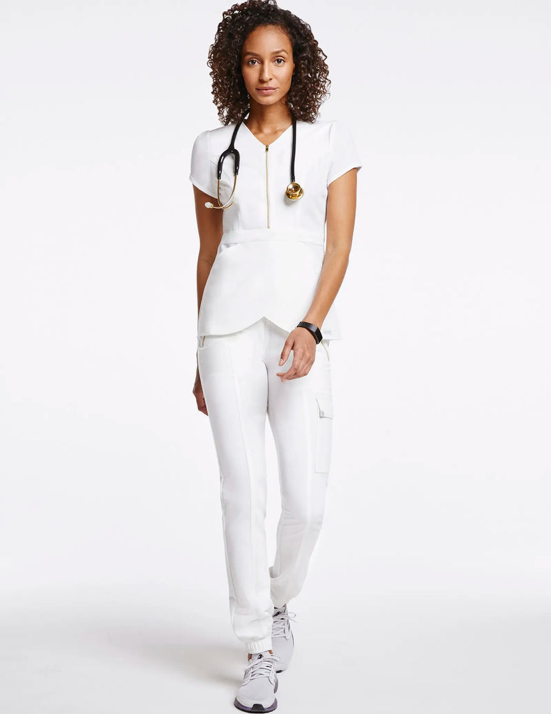 Jaanuu Scrubs Women's Essential Gold Zip Jogger White | scrub-supply.com