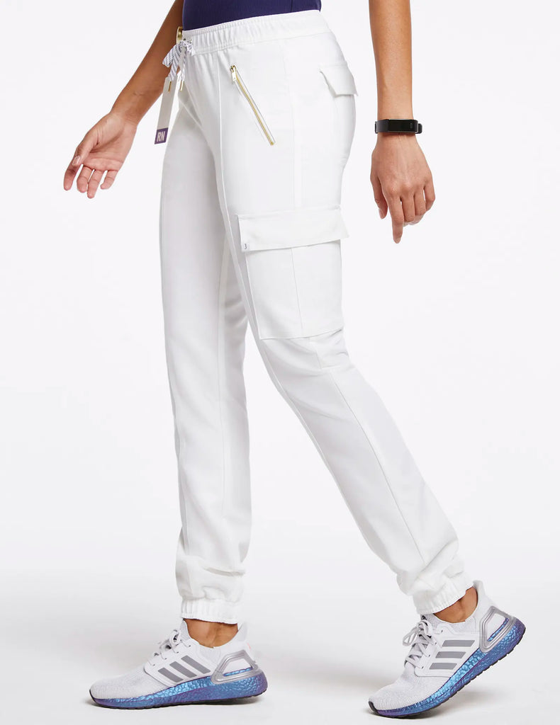 Jaanuu Scrubs Women's Essential Gold Zip Jogger White | scrub-supply.com