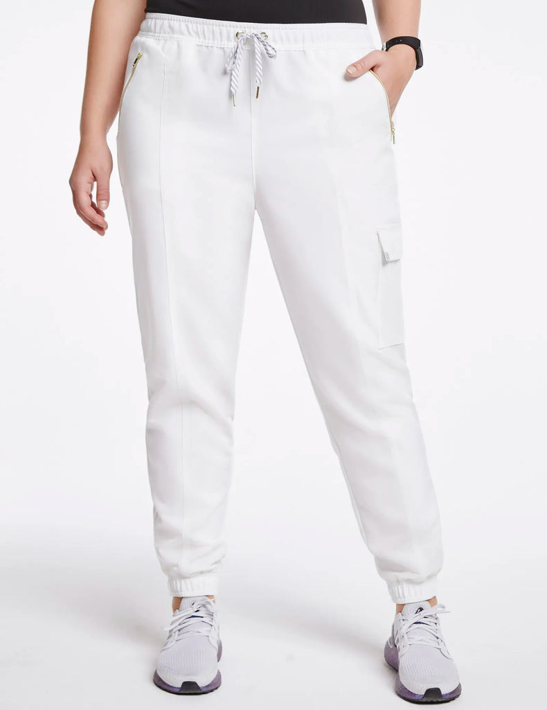 Jaanuu Scrubs Women's Essential Gold Zip Jogger White | scrub-supply.com