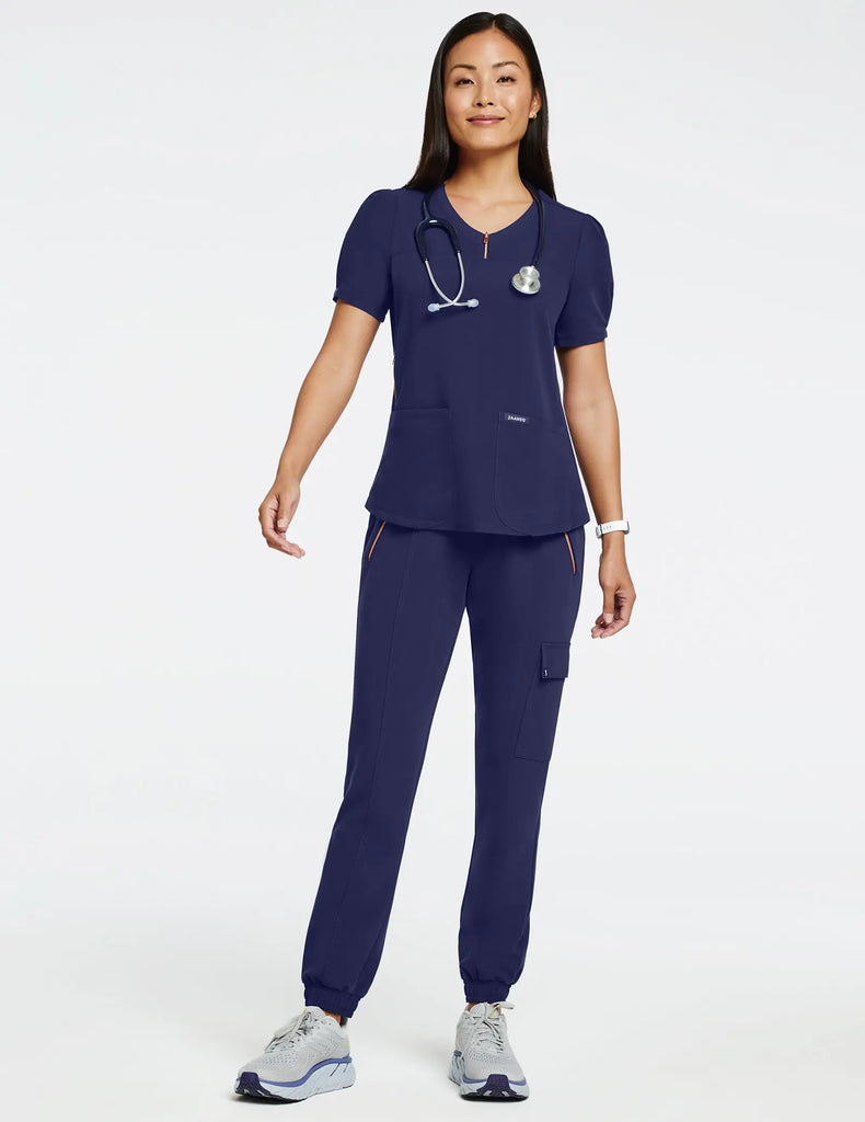 Jaanuu Scrubs Women's Women’s Rose Zip Essential Jogger Navy | scrub-supply.com