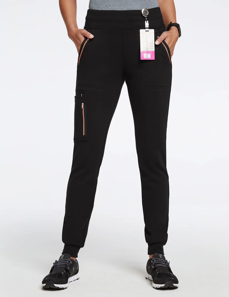 Jaanuu Scrubs Women's Women’s Rose Trim 10-Pocket Jogger Black | scrub-supply.com