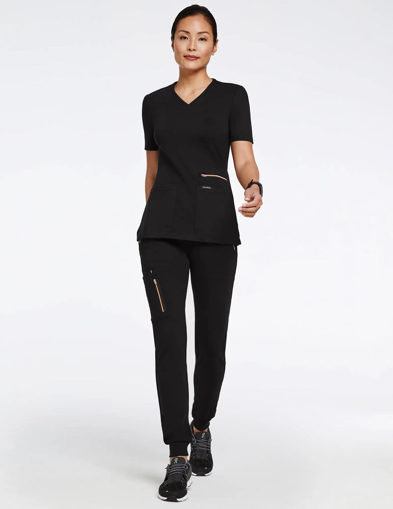 Jaanuu Scrubs Women's Women’s Rose Trim 10-Pocket Jogger Black | scrub-supply.com