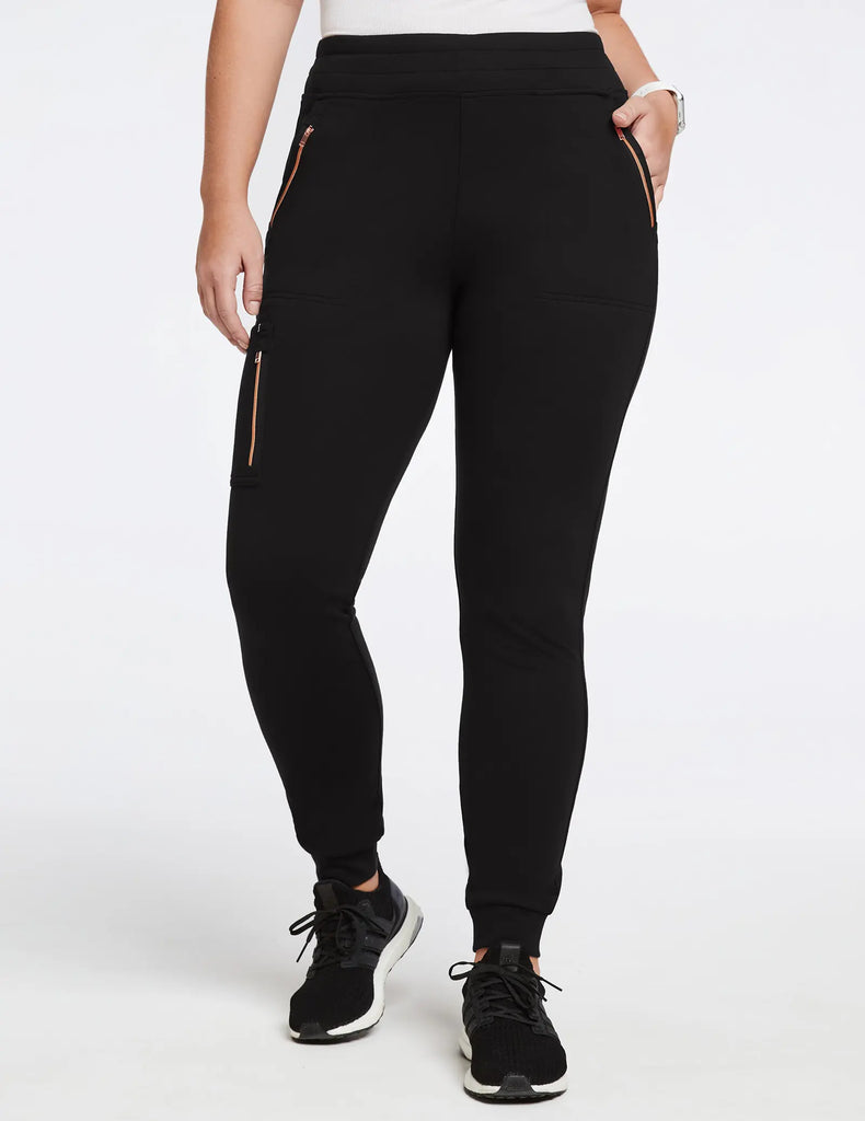 Jaanuu Scrubs Women's Women’s Rose Trim 10-Pocket Jogger Black | scrub-supply.com