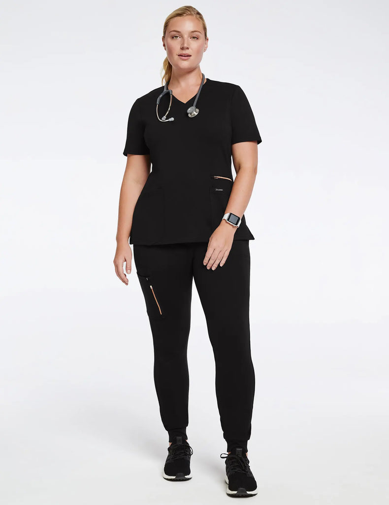 Jaanuu Scrubs Women's Women’s Rose Trim 10-Pocket Jogger Black | scrub-supply.com