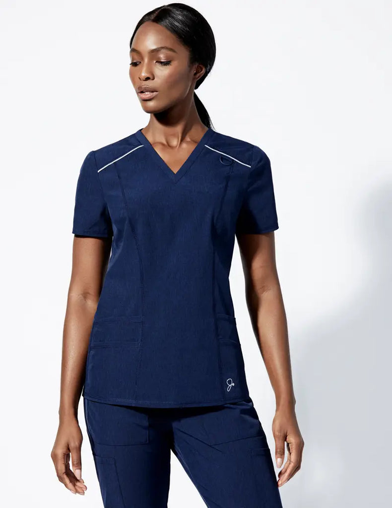 Jaanuu Scrubs Women's Shift V-Neck Top Heathered Navy | scrub-supply.com