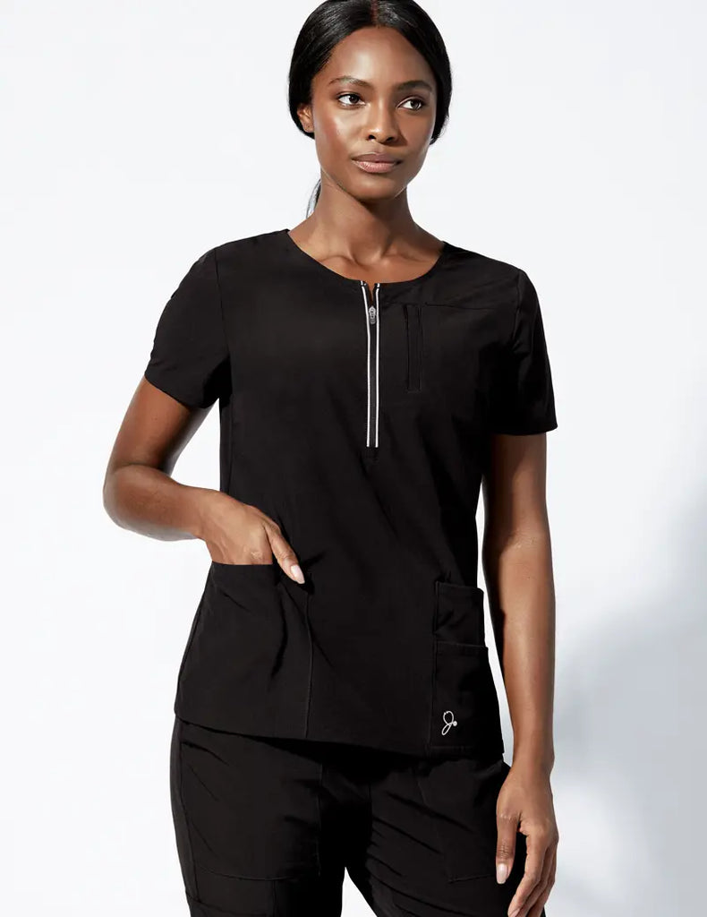 Jaanuu Scrubs Women's Dash Half-Zip Top Black | scrub-supply.com