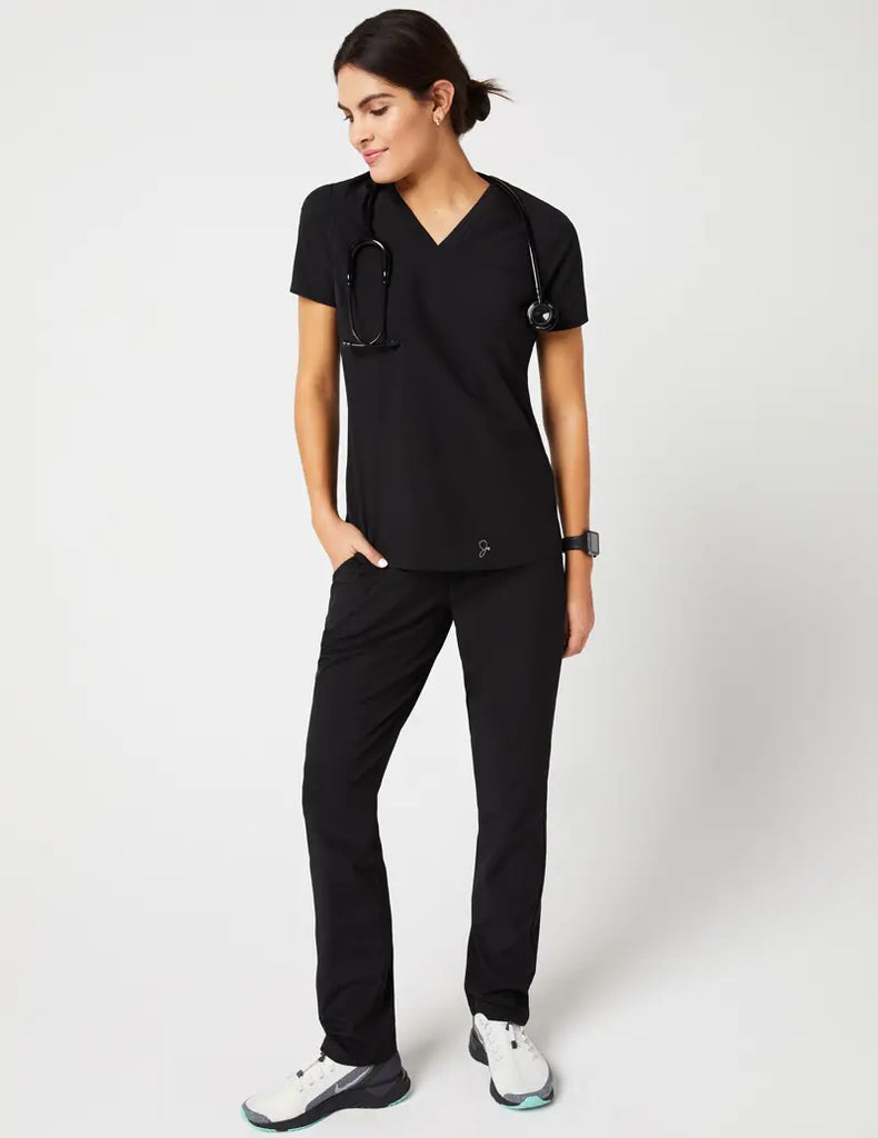 Jaanuu Scrubs Women's Stride Ribbed V-Neck Top Black | scrub-supply.com