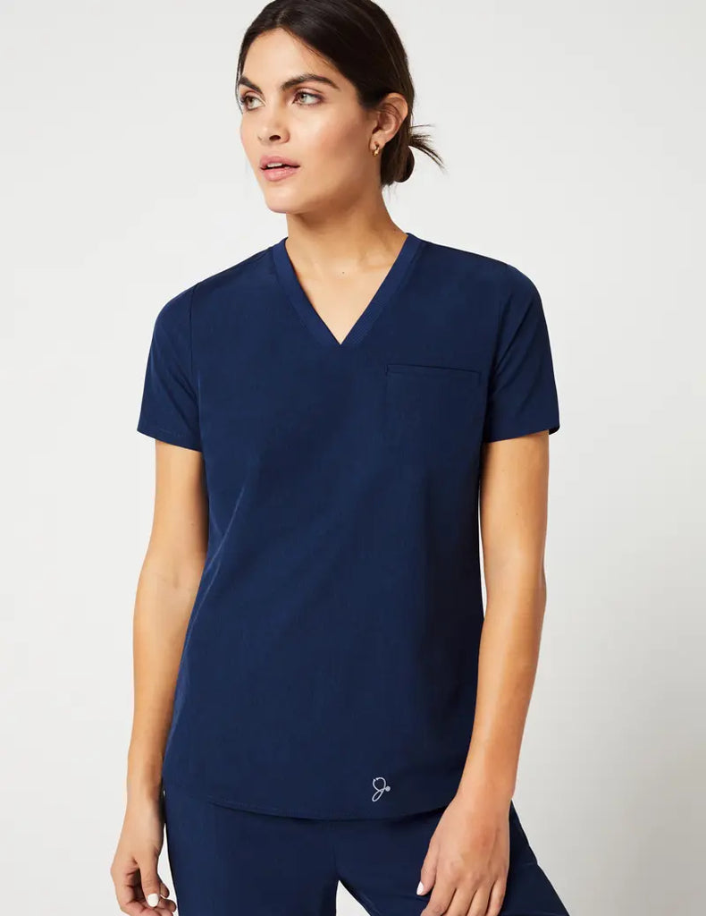 Jaanuu Scrubs Women's Stride Ribbed V-Neck Top Estate Navy Blue | scrub-supply.com