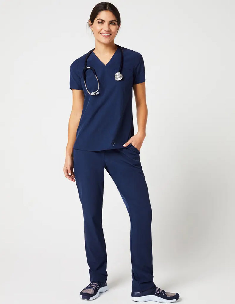 Jaanuu Scrubs Women's Stride Ribbed V-Neck Top Estate Navy Blue | scrub-supply.com