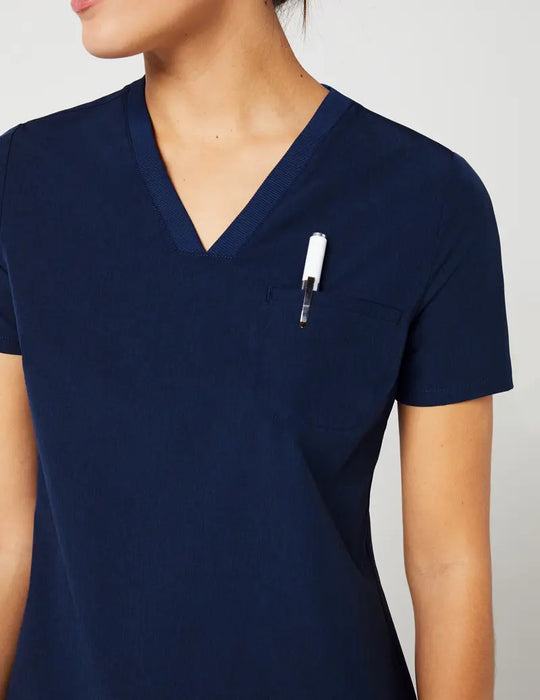 Jaanuu Scrubs Women's Stride Ribbed V-Neck Top Estate Navy Blue | scrub-supply.com