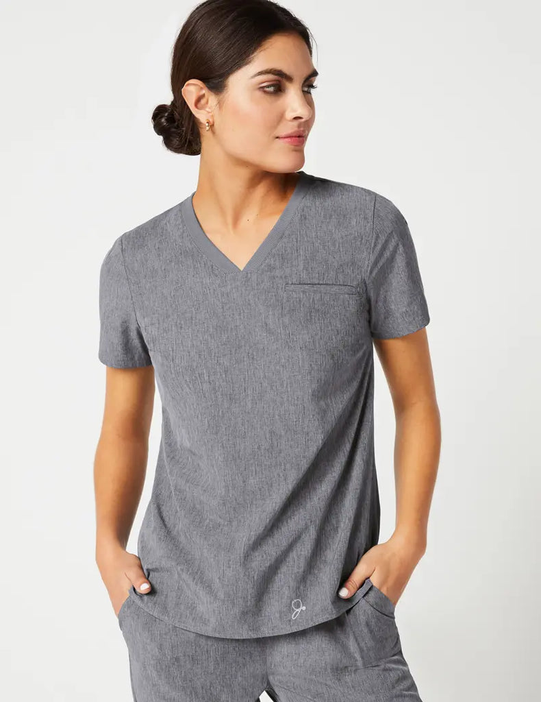 Jaanuu Scrubs Women's Stride Ribbed V-Neck Top Heathered Grey | scrub-supply.com