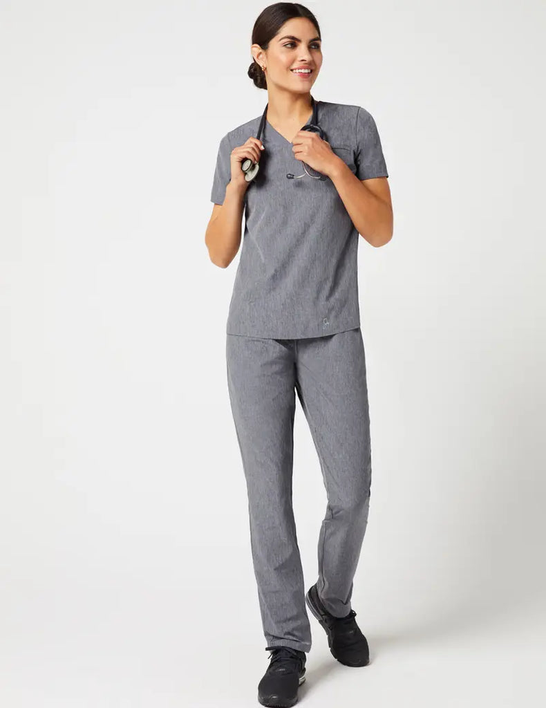 Jaanuu Scrubs Women's Stride Ribbed V-Neck Top Heathered Grey | scrub-supply.com