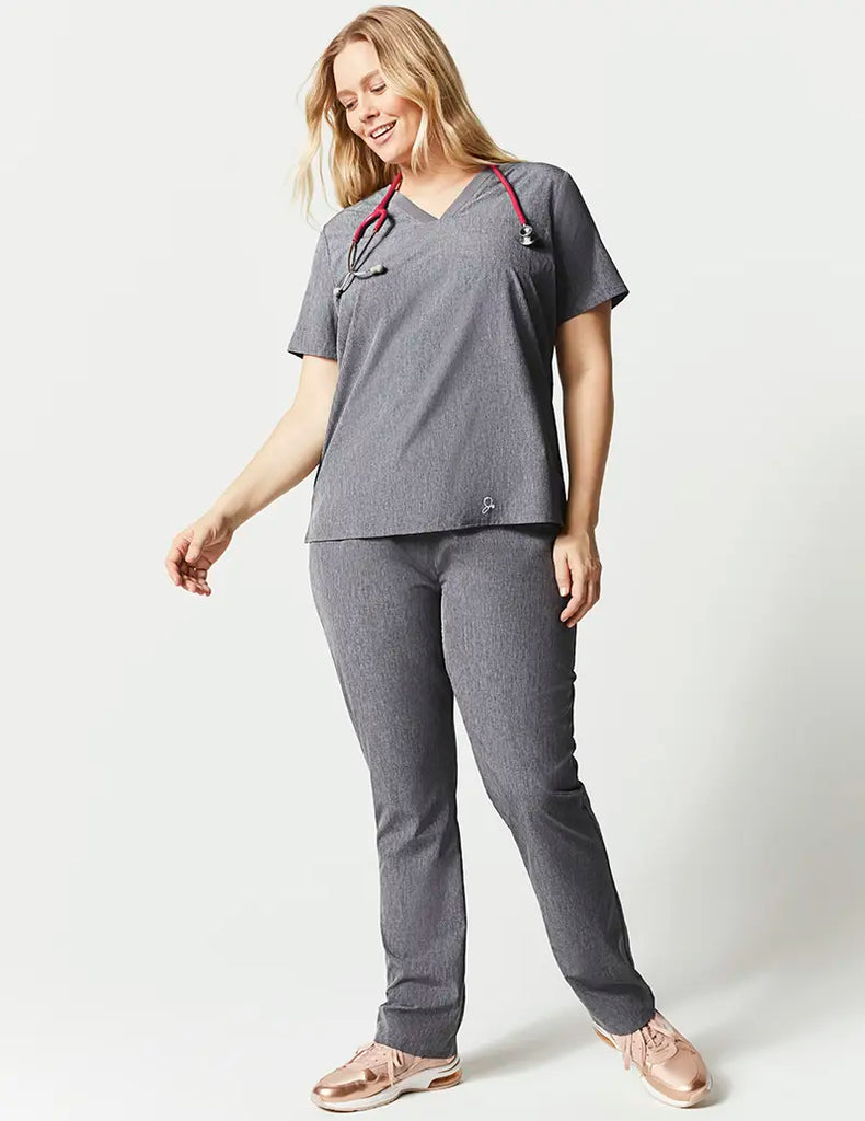 Jaanuu Scrubs Women's Stride Ribbed V-Neck Top Heathered Grey | scrub-supply.com